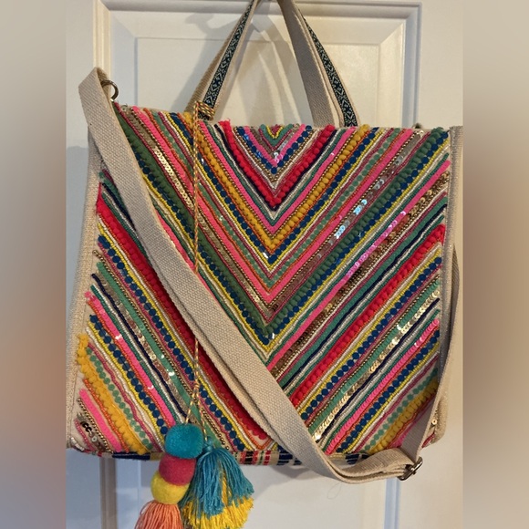 America & Beyond Chevron Boho Multicolor Pom-Pom Embroidered Crossbody Tote Bag - Picture 8 of 8